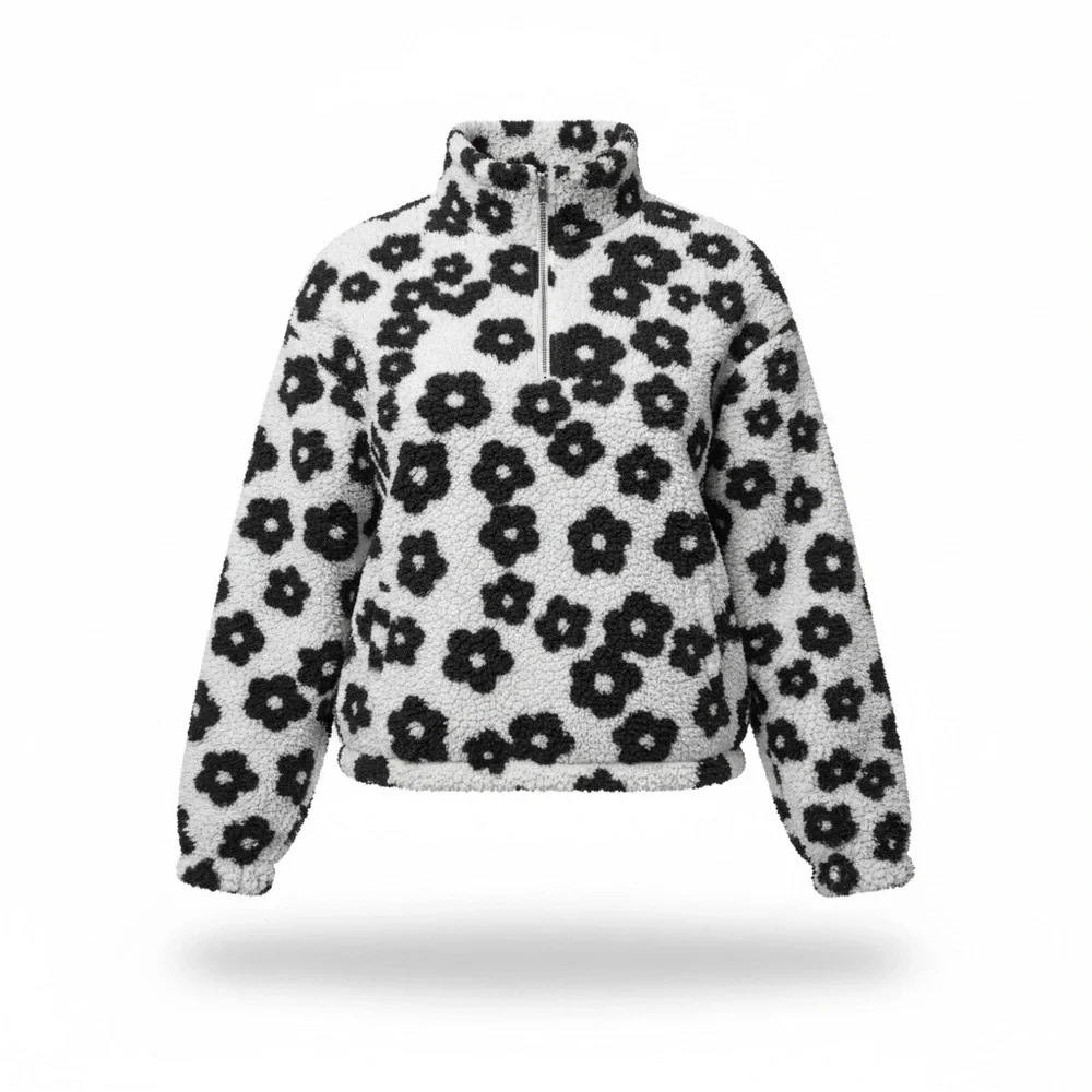 Hyfve LA Lily Floral Print Sherpa Jacket Adorable- Black & White Size Large EUC - Picture 3 of 9